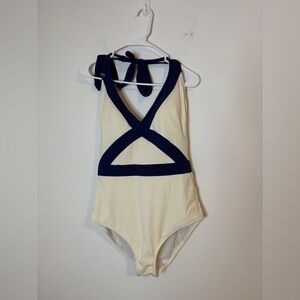 Boden Swimsuit Kefalonia Halterneck One Piece Ivory Navy Size 10L Vacation Beach